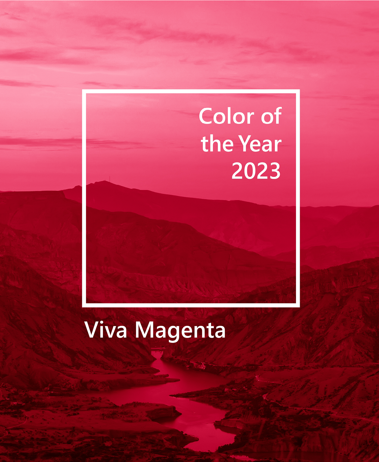 Winding turquoise Sulak River in crevice in mountains of Dagestan at summer sunset. Image toned in trendy pantone color of year 2023 Viva Magenta.