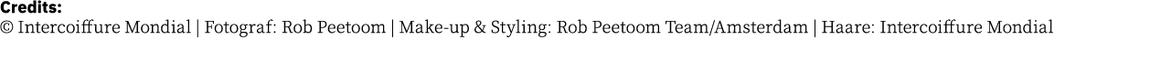 Credits:   Intercoiffure Mondial   Fotograf: Rob Peetoom   Make-up & Styling: Rob Peetoom Team Amsterdam   Haare: Int   