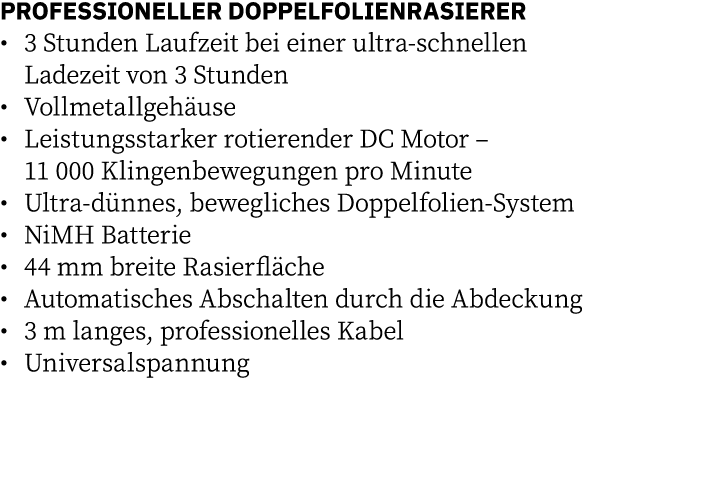 PROFESSIONELLER DOPPELFOLIENRASIERER   3 Stunden Laufzeit bei einer ultra-schnellen  Ladezeit von 3 Stunden   Vollmet   