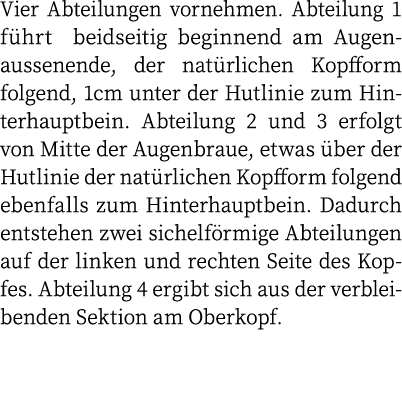 Vier Abteilungen vornehmen  Abteilung 1 führt beidseitig beginnend am Augenaussenende, der natürlichen Kopfform folge   