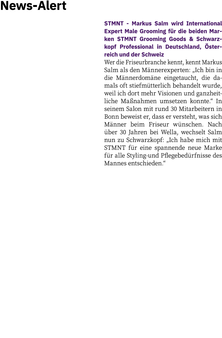 News-Alert STMNT - Markus Salm wird International Expert Male Grooming für die beiden Marken STMNT Grooming Goods & S   