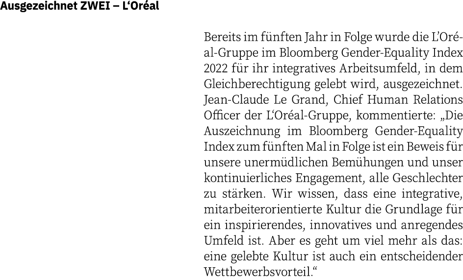 Ausgezeichnet ZWEI   L Oréal Bereits im fünften Jahr in Folge wurde die L Oréal-Gruppe im Bloomberg Gender-Equality I   