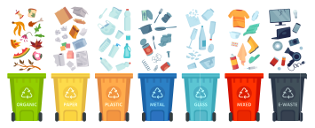 Waste segregation. Sorting garbage by material and type in colored trash cans. Separating and recycling garbage vector infographic. Garbage and trash, ecology rubbish recycling illustration