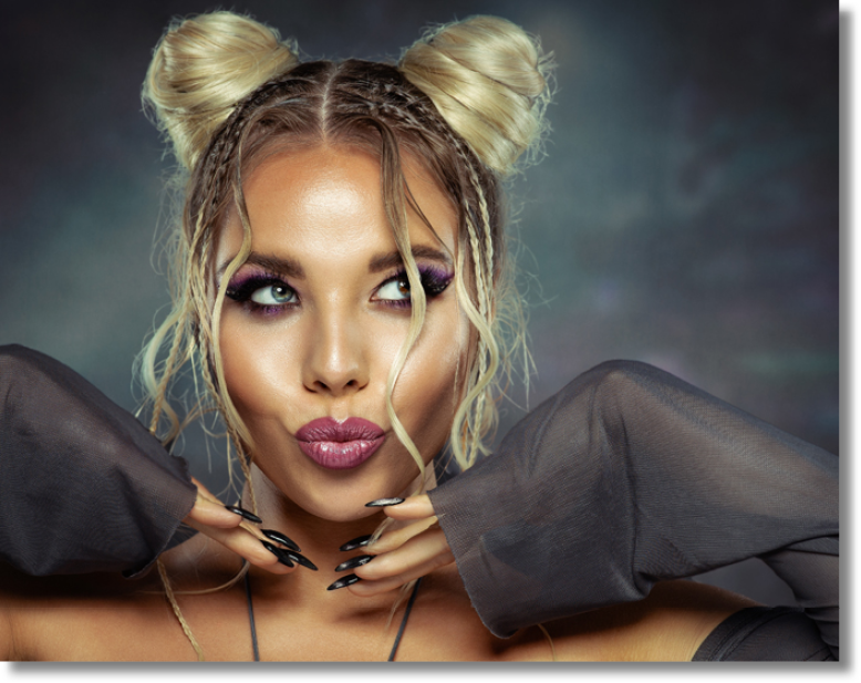 Beauty Girl with pout Full Lips Kiss. Beauty Model Face with Perfect Make up and Black Nails Manicure. Stylish Blond Woman with Two Space Hair Buns Hairstyle over Dark background
