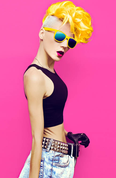 Glamorous blonde disco punk style fashion diet