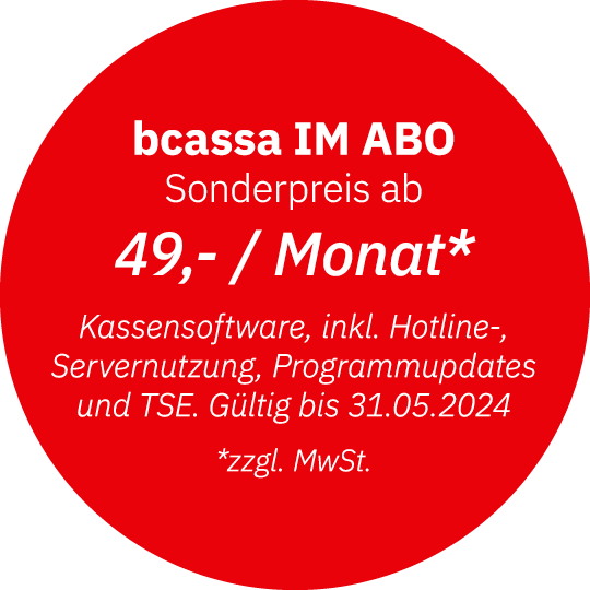 bcassa im Abo Sonderpreis ab 49, / Monat* Kassensoftware, inkl. Hotline , Servernutzung, Programmupdates und TSE. G l...