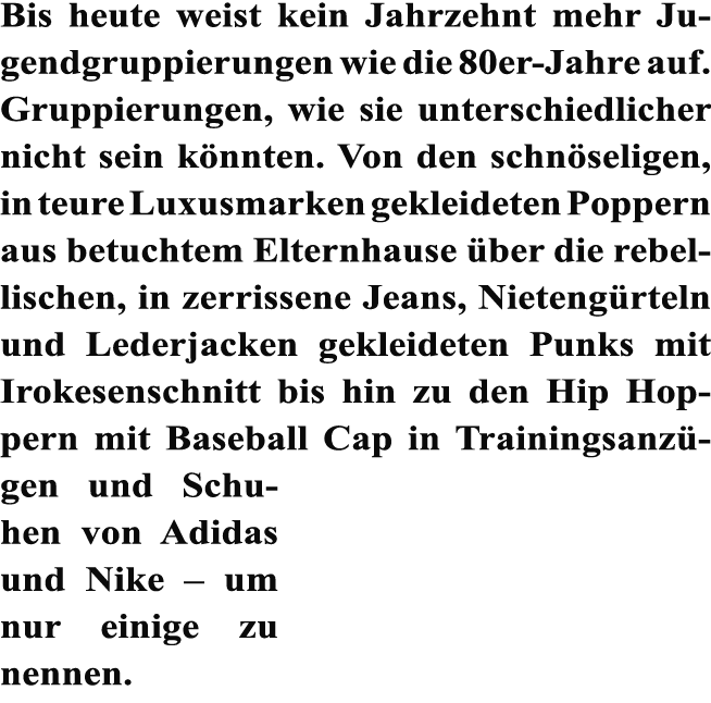 Bis heute weist kein Jahrzehnt mehr Jugendgruppierungen wie die 80er Jahre auf. Gruppierungen, wie sie unterschiedlic...