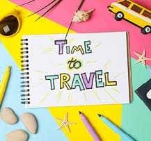 Composition with inscription Time to travel on multicolor background