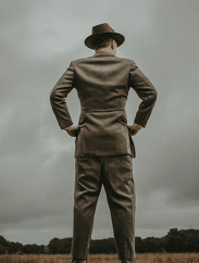 30 year old man entire body and legs back view looking toward horizon dressed in 1940s suit with fedora hat hands on hips
