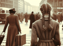 1940s vintage teenager girl braids coat back view crossing square Berlin with mother vintage suitcase sepia colors