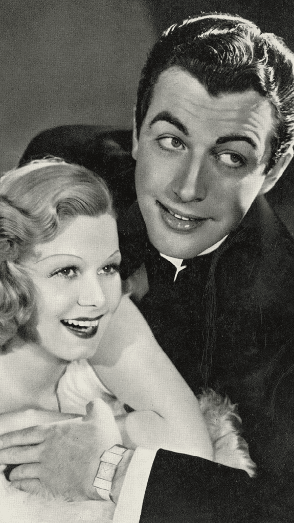 Munich, Germany - July 27 2024: black and white portrait of the actors and Hollywood movie stars Jean Harlow and Robert Taylor hugging each other and smiling, 1939s and 40s performers and celebrities