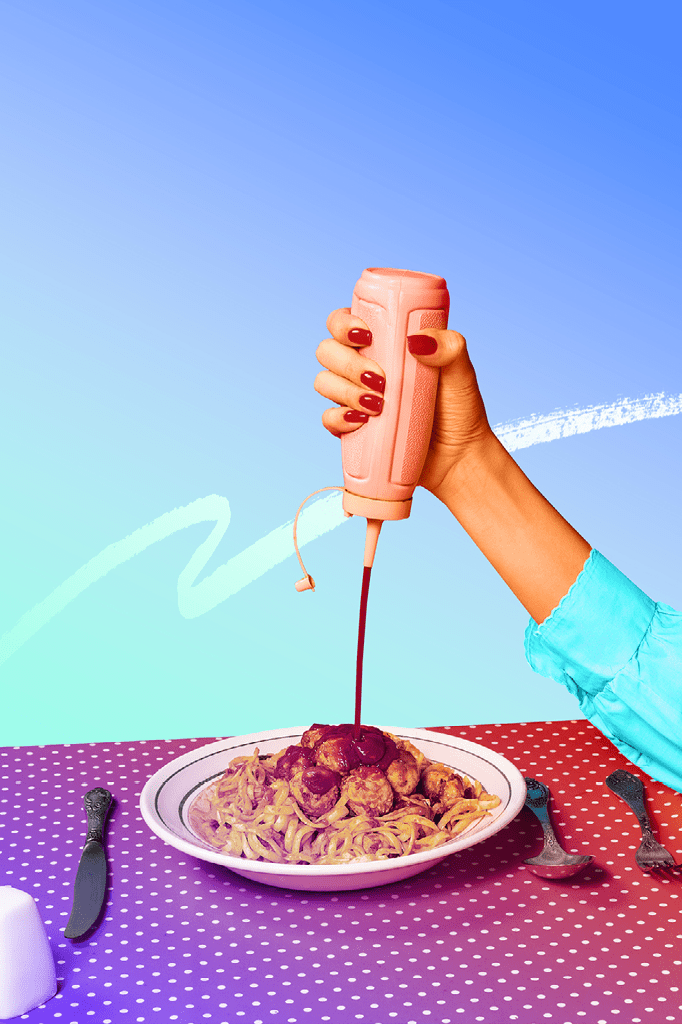 Contemporary art collage. Colorful design with delicious pasta with meatballs. Adding ketchup for additional taste. Concept of creativity, gastronomy, retro style, imagination, food. Poster, ad